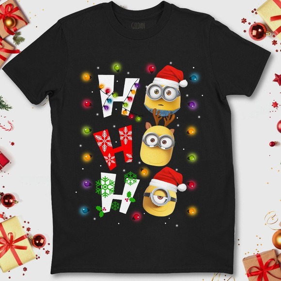 Ho Ho Ho Bob Minions Kevin Minions Stuart Minions Light Christmas Xmas T-Shirt - Picture 1 of 2